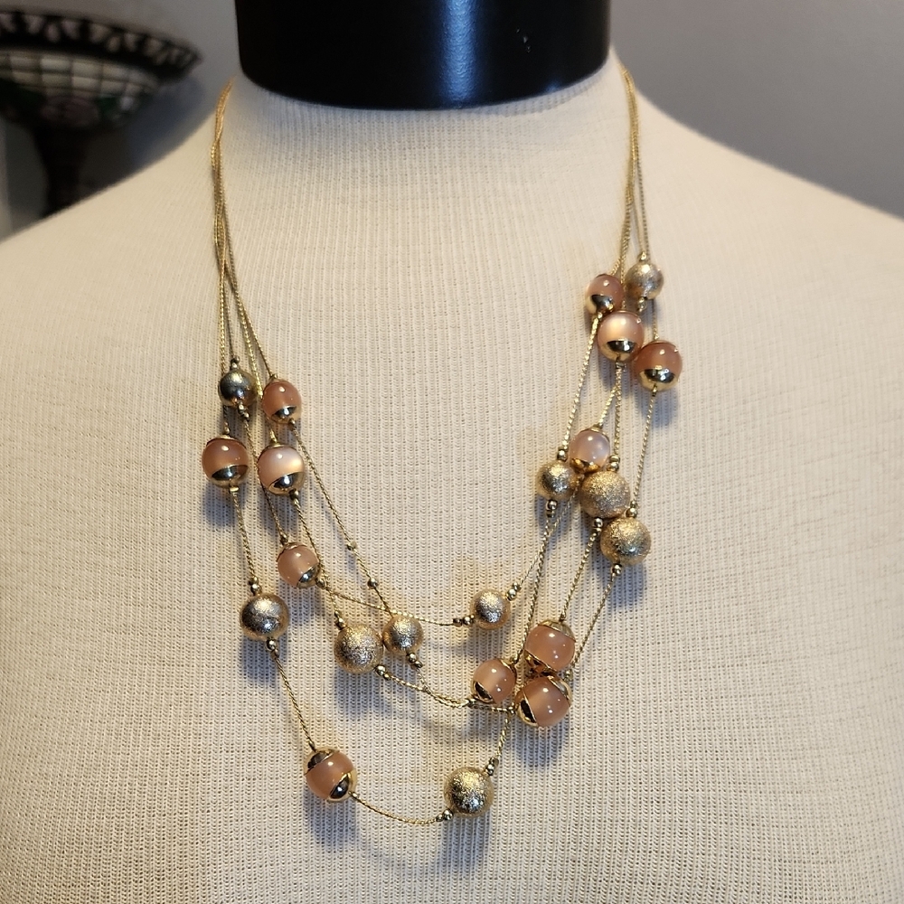 Coldwater Creek Gold and Pink Marble Look Multi-Strand Necklace Fairy Feminine